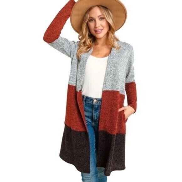 Cardigan Sweater Women Size Small Heather Gray Rust Black Knit Side Pockets - Picture 6 of 15